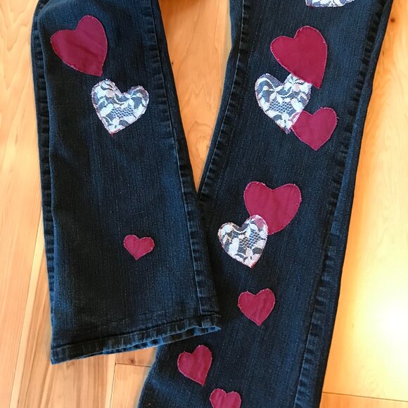 Upcycled Patchwork Jeans, Size 12:  Handmade Burgundy/Lace Patches, Black Denim - Picture 9 of 13